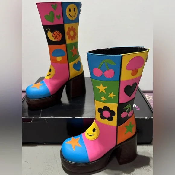 Dolls Kill Colorful Graphic Heeled Boots - Picture 1 of 11
